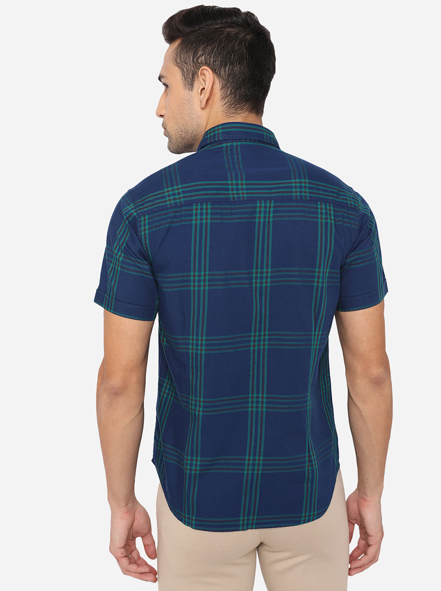 Colonial Blue Checked Slim Fit Semi Casual Shirt | Pehervi
