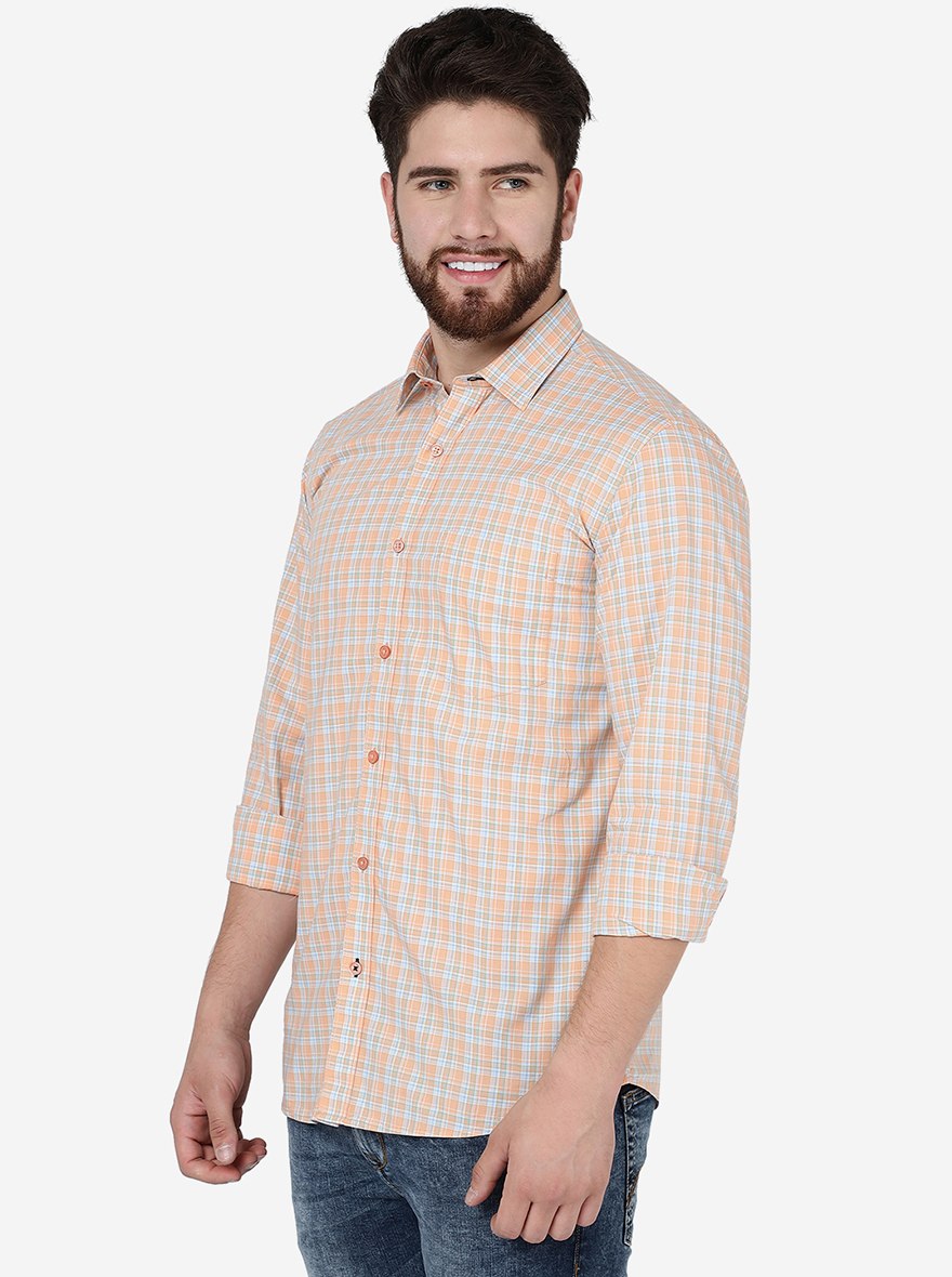 Peach Checked Slim Fit Semi Casual Shirt | Pehervi