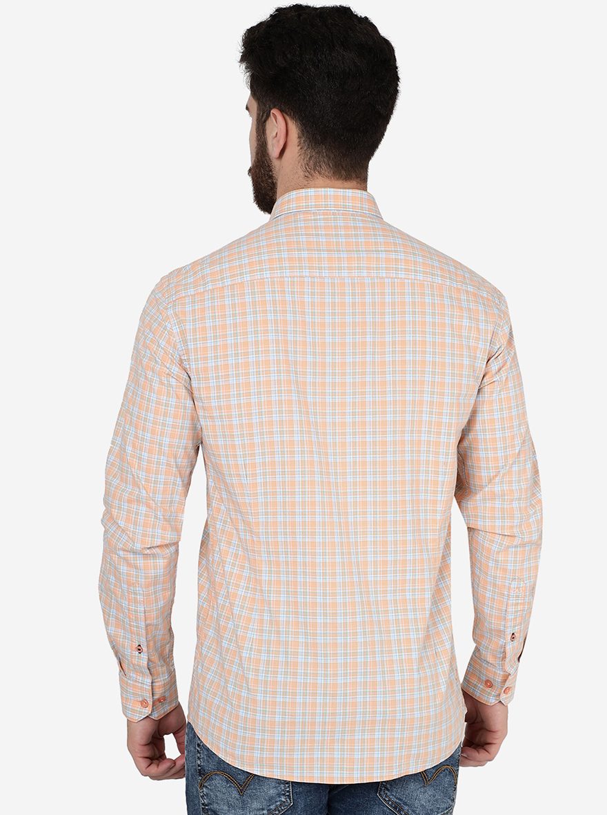 Peach Checked Slim Fit Semi Casual Shirt | Pehervi