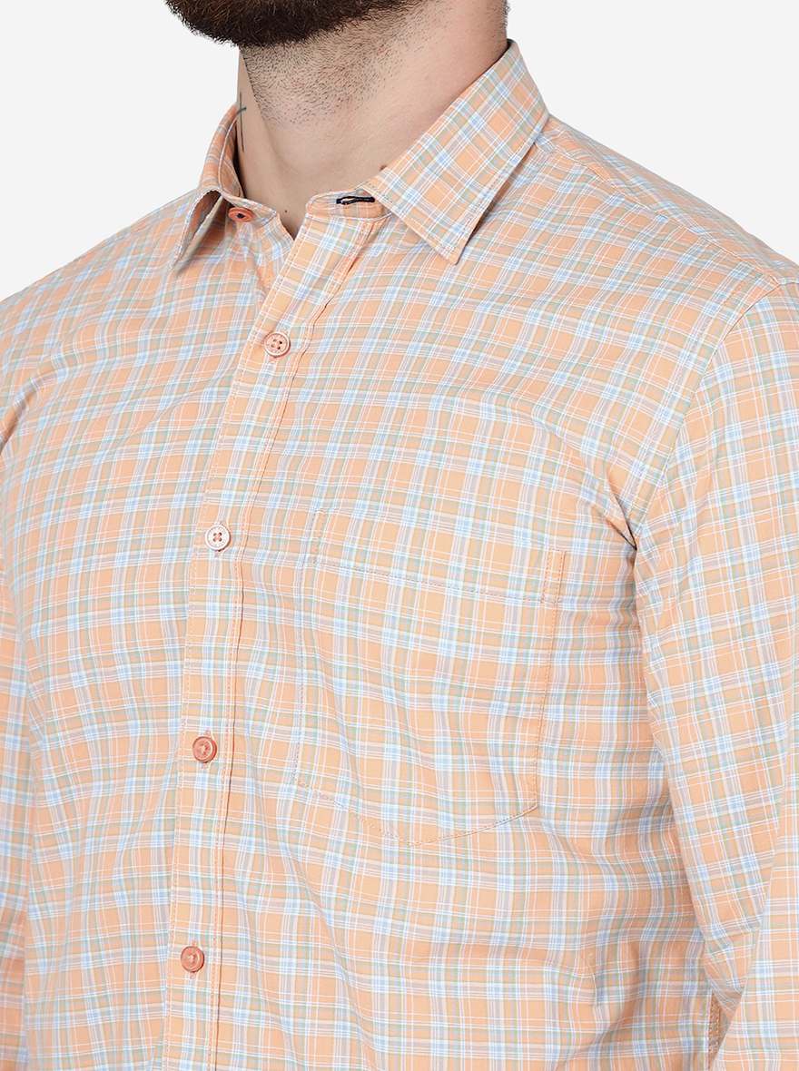 Peach Checked Slim Fit Semi Casual Shirt | Pehervi
