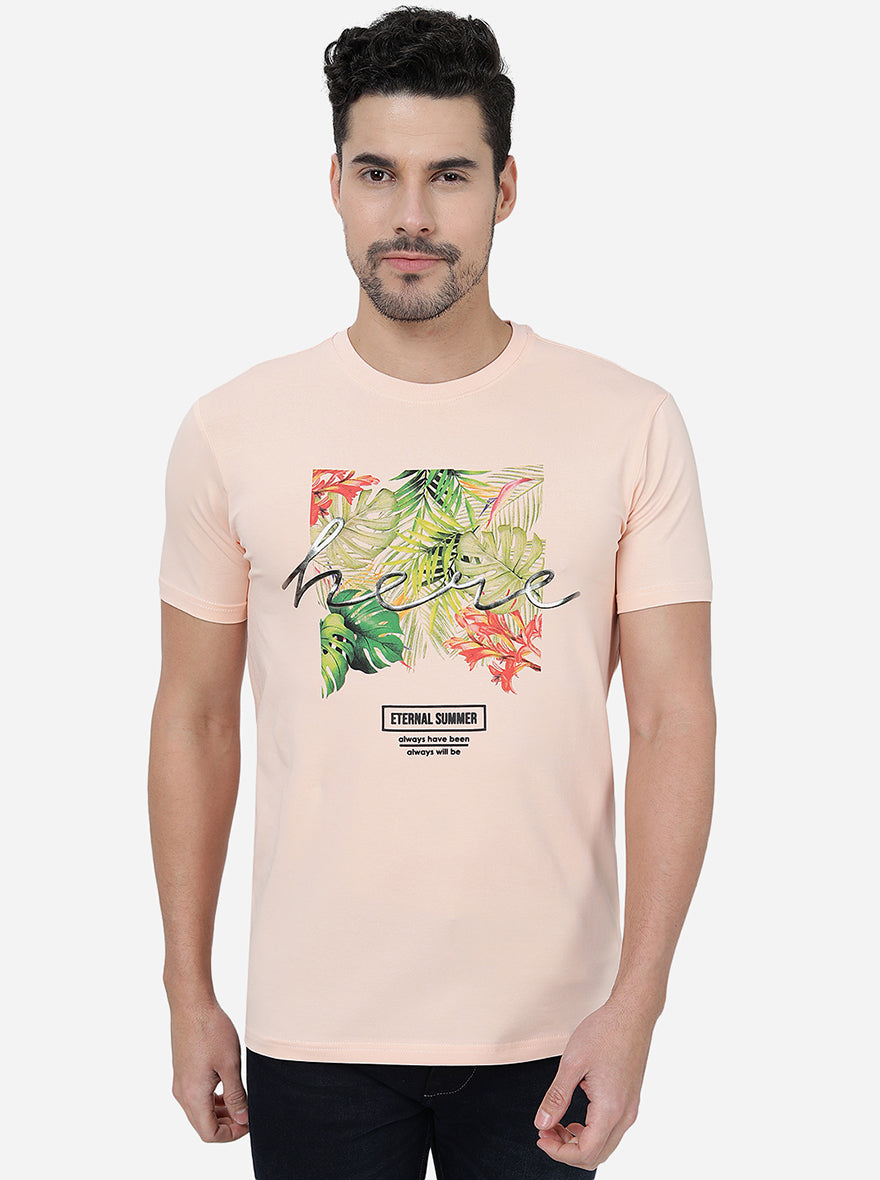 Peach Printed Slim Fit T-Shirt | pehervi