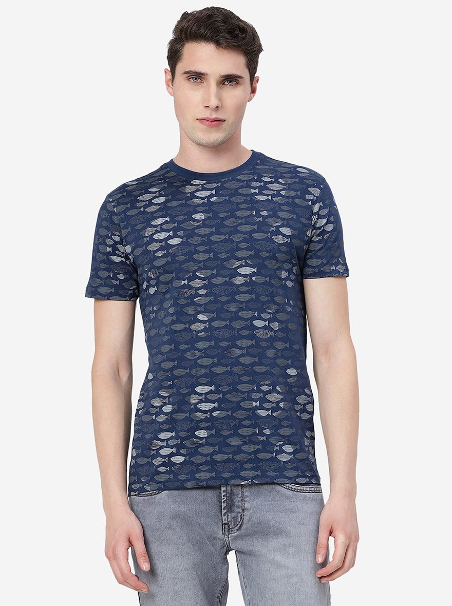 Dark Blue Printed Slim Fit T-Shirt | pehervi