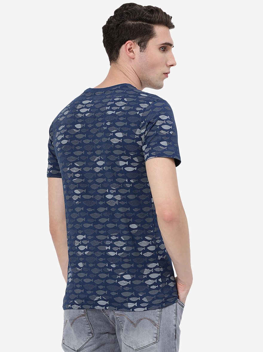 Dark Blue Printed Slim Fit T-Shirt | pehervi