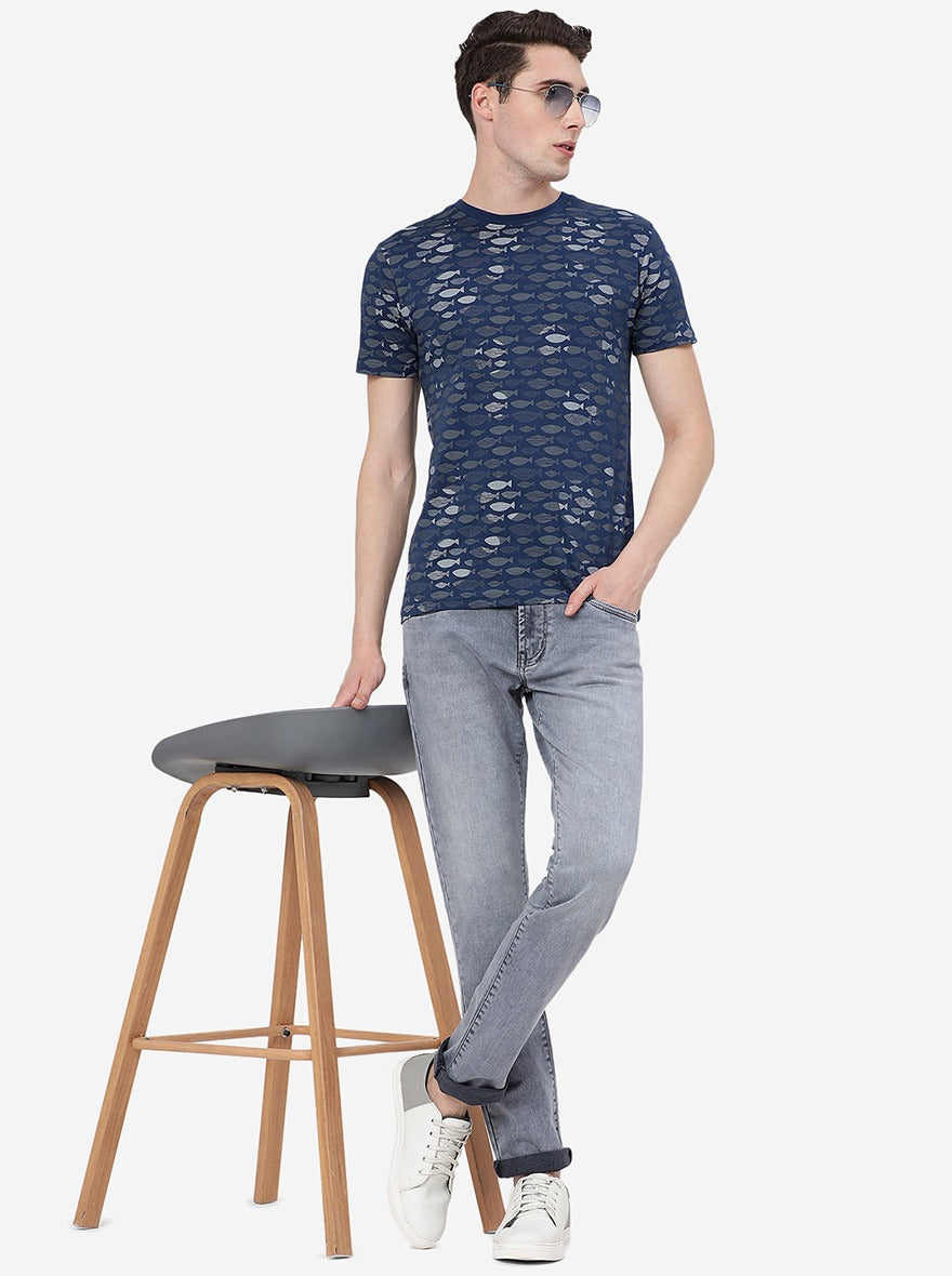 Dark Blue Printed Slim Fit T-Shirt | pehervi