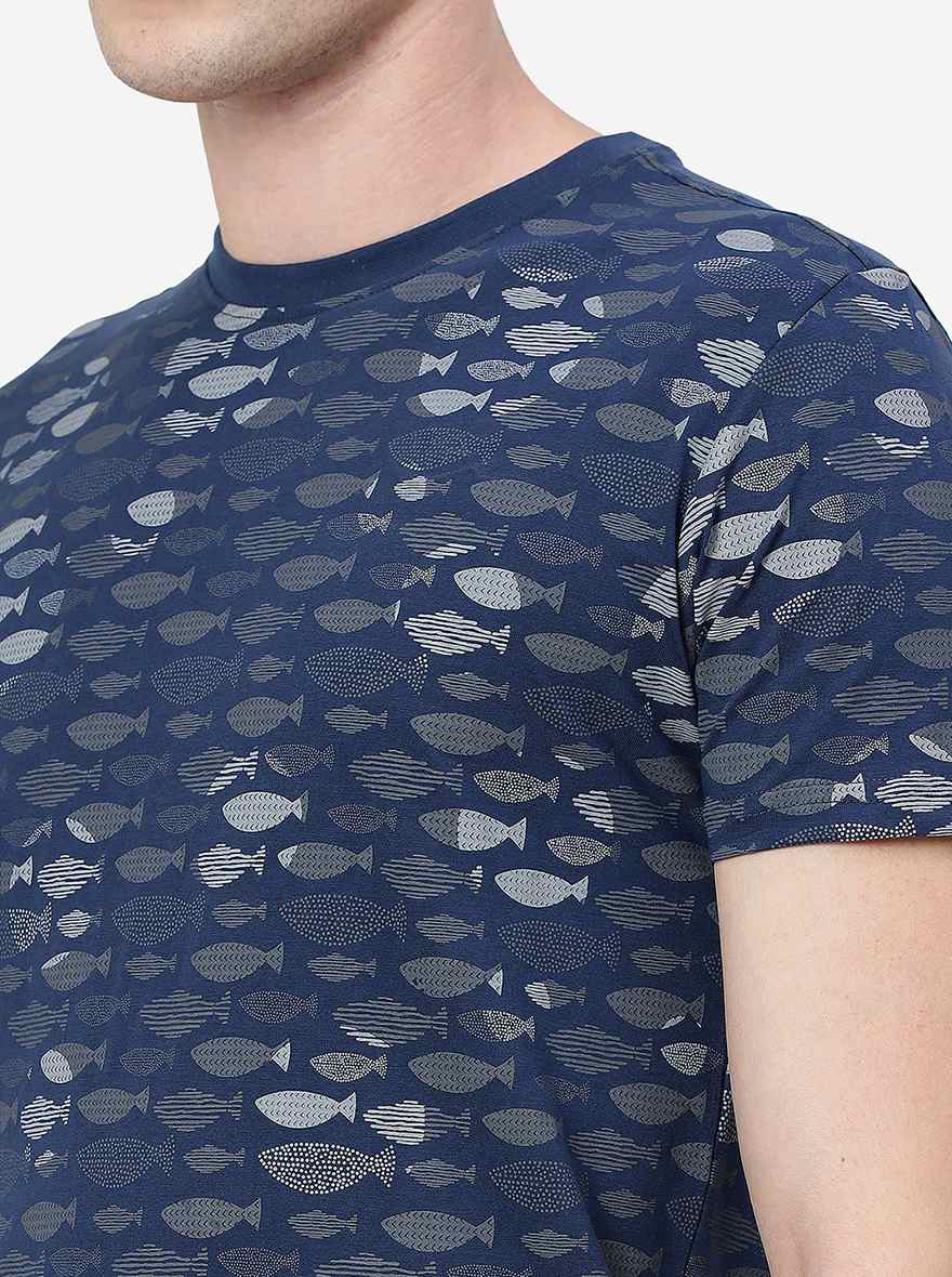 Dark Blue Printed Slim Fit T-Shirt | pehervi