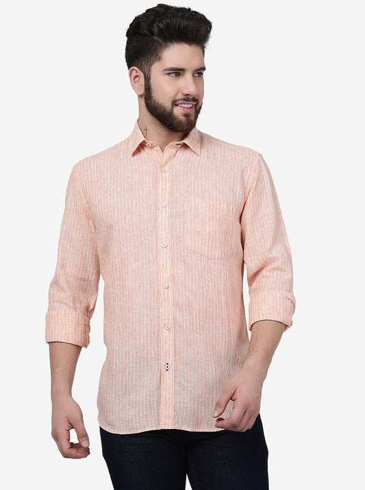 Orange Striped Slim Fit Semi Casual Shirt | Pehervi