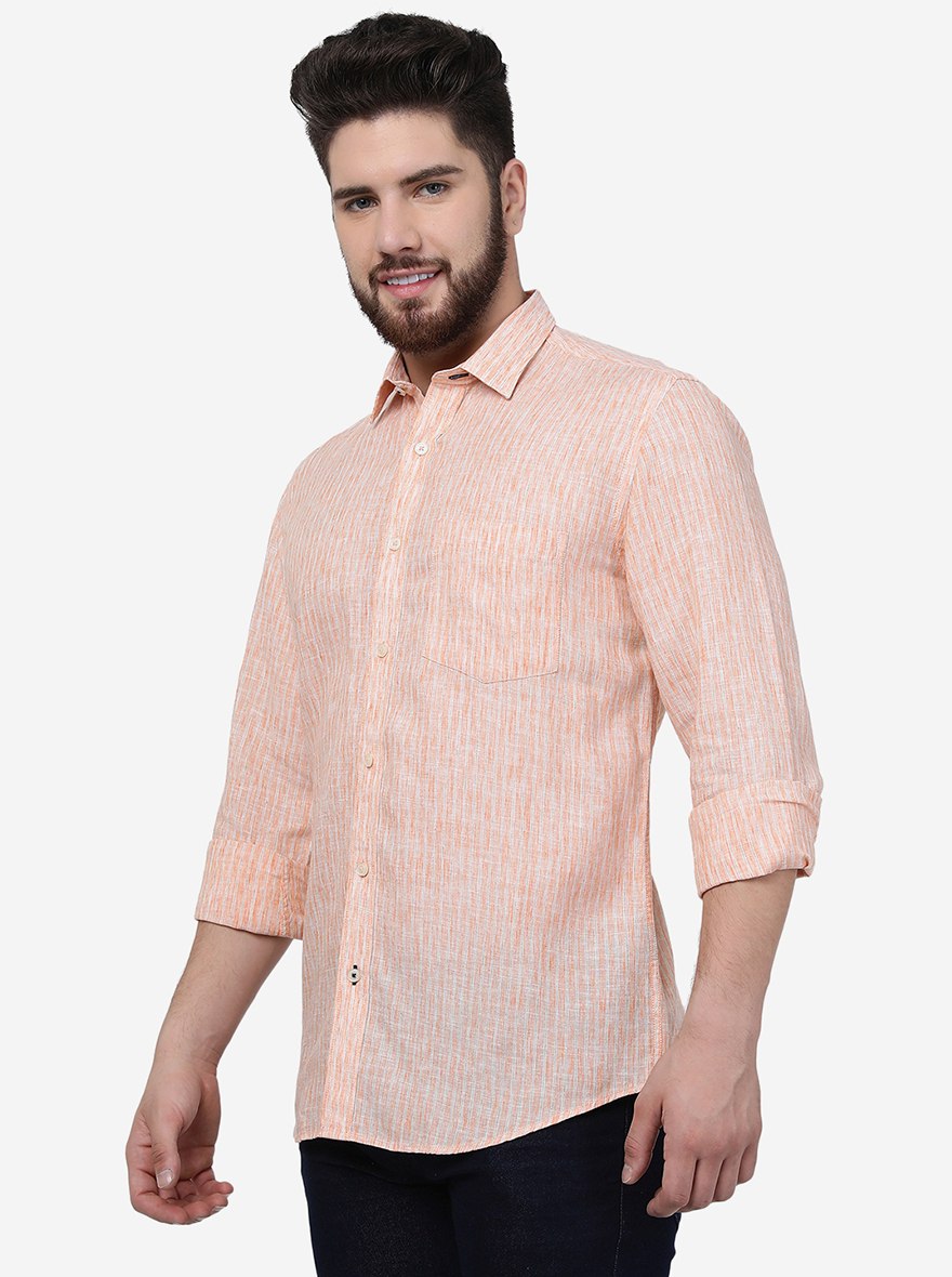 Orange Striped Slim Fit Semi Casual Shirt | Pehervi