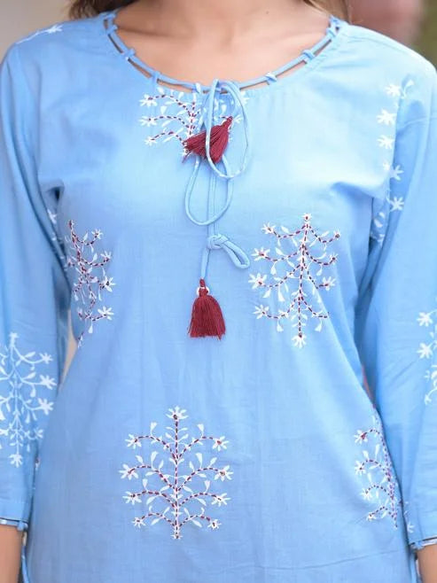 Cotton Cambric Sequin & Thread Work Straight Kurta (Blue)