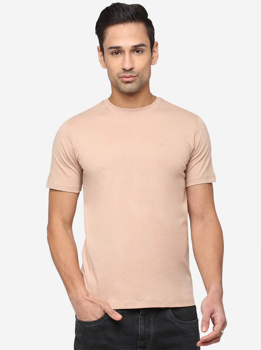 Sand Pink Solid Slim Fit T-Shirt | pehervi
