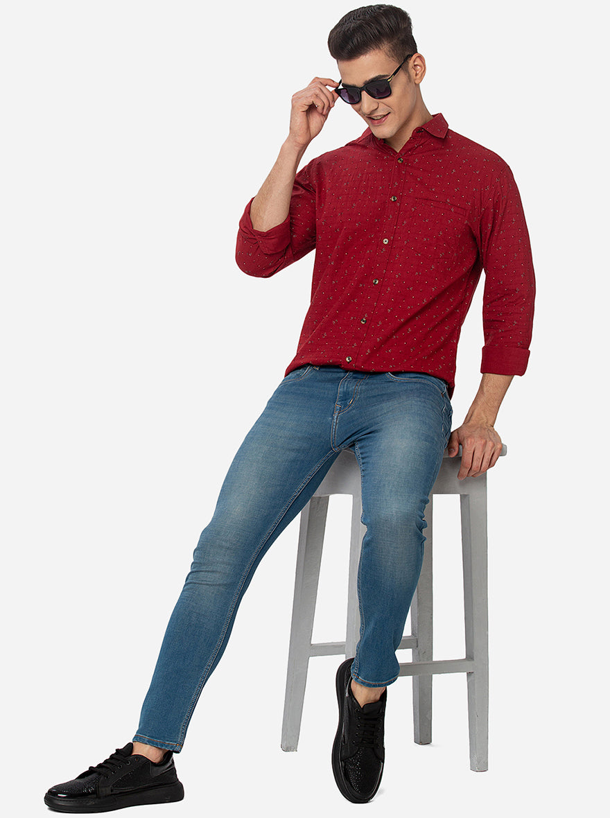 Red  Printed Slim Fit Semi Casual Shirt | Pehervi