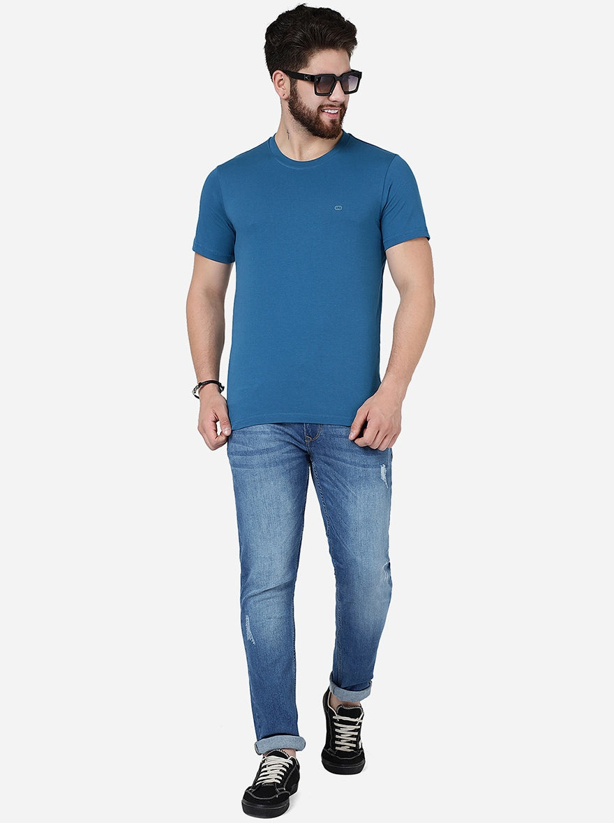 Seaport Blue Solid Slim Fit T-Shirt | pehervi