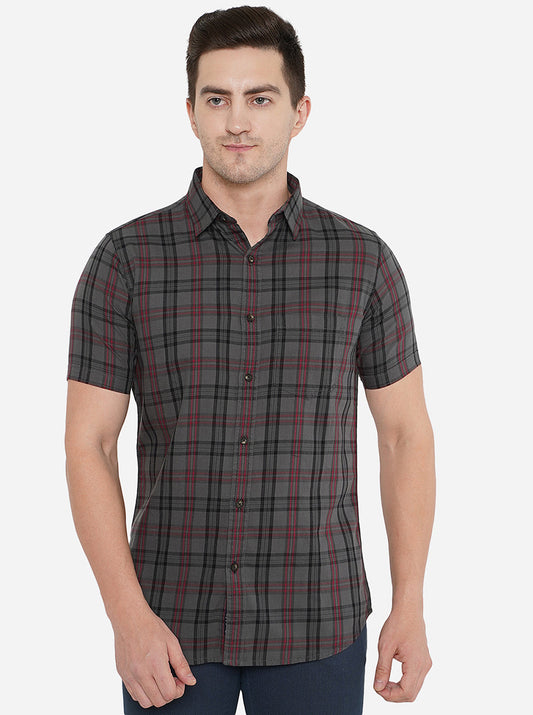 Dark Grey Checked Slim Fit Semi Casual Shirt | Pehervi