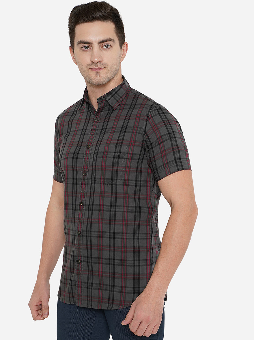 Dark Grey Checked Slim Fit Semi Casual Shirt | Pehervi