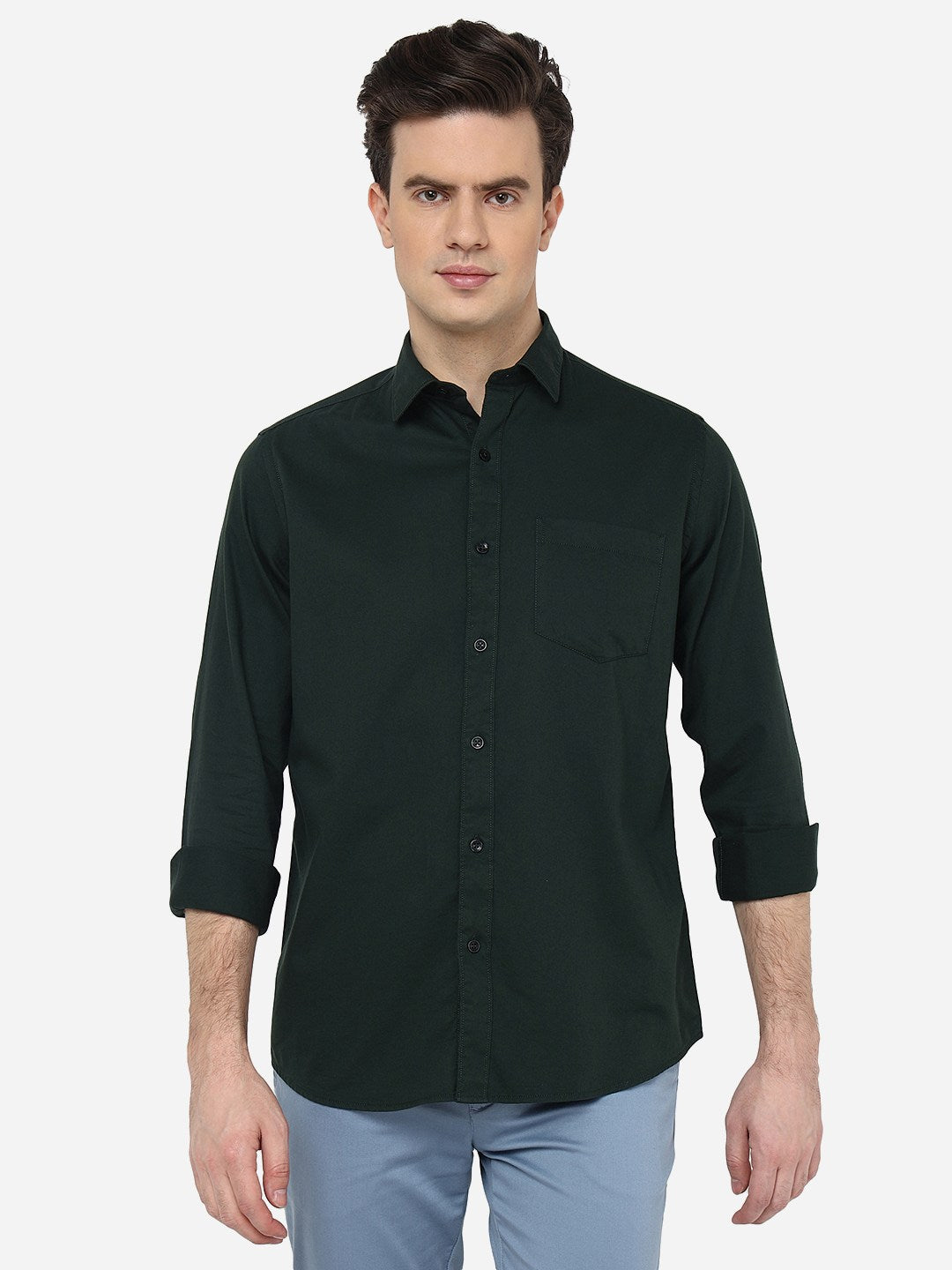 Bottle Green Solid Smart Fit Semi Casual Shirt | Pehervi