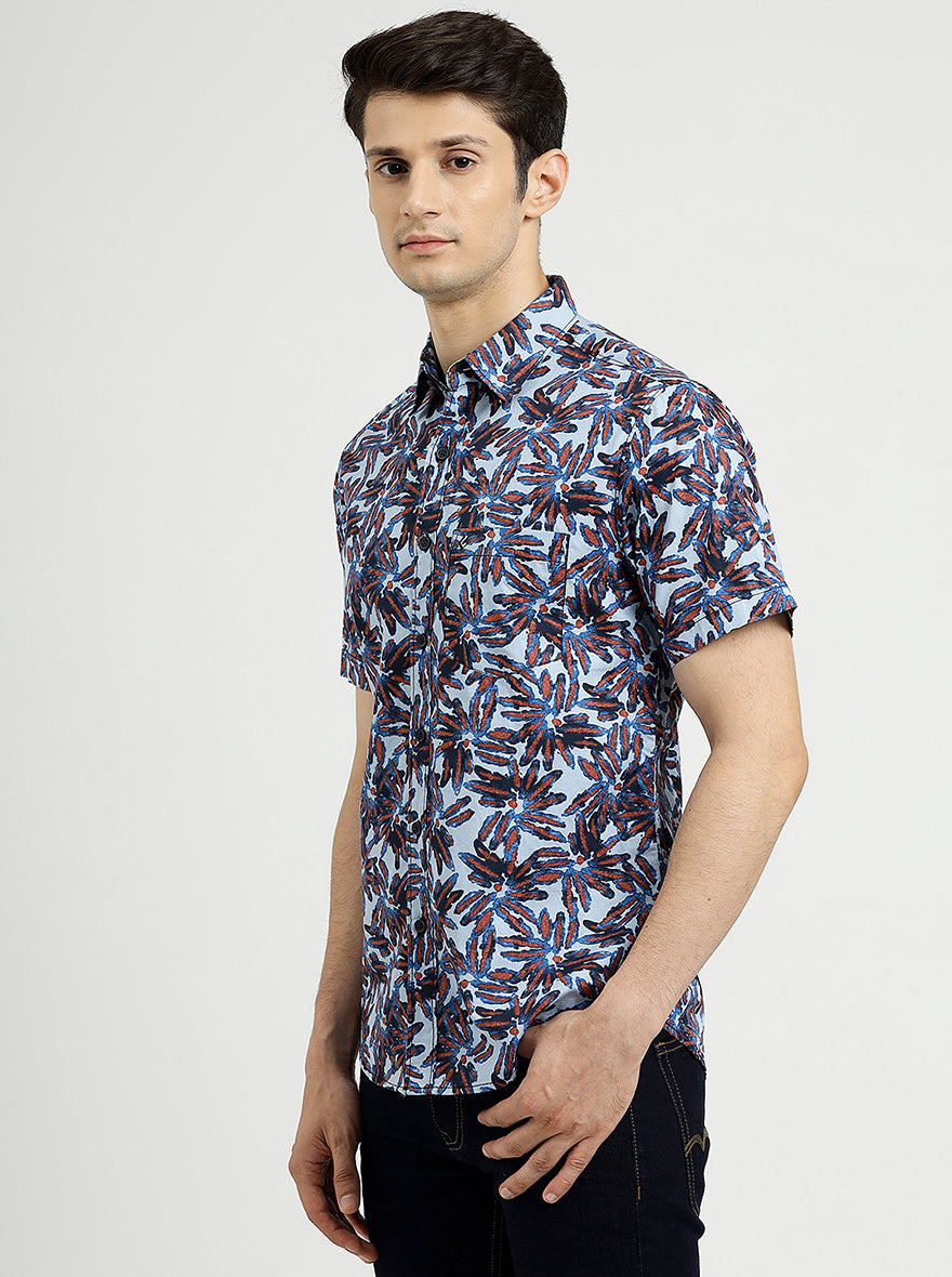 Sea Blue Printed Slim Fit Casual Shirt | pehervi
