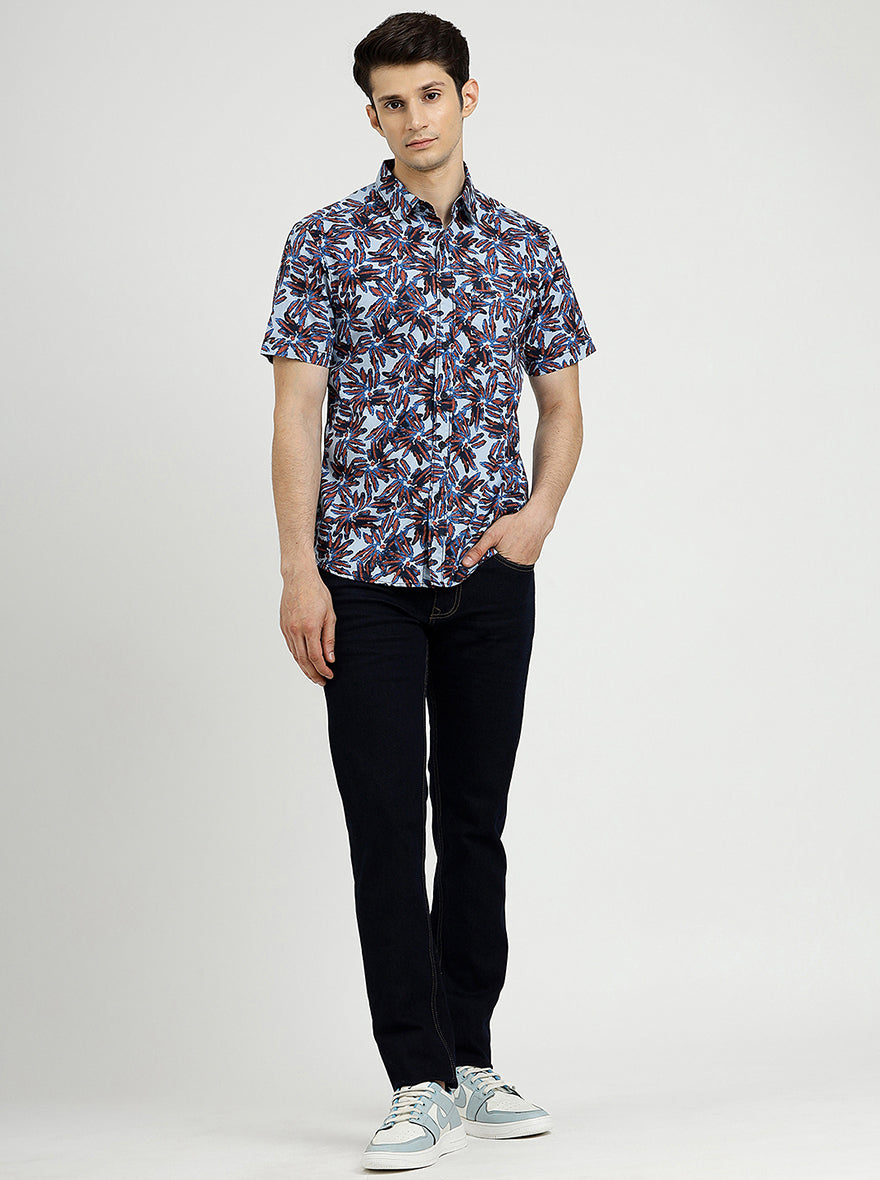 Sea Blue Printed Slim Fit Casual Shirt | pehervi