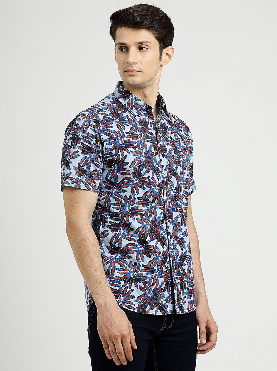 Sea Blue Printed Slim Fit Casual Shirt | pehervi