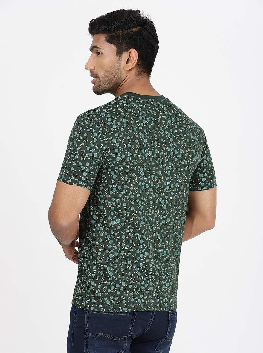 Bottle Green Printed Slim Fit T-Shirt | pehervi