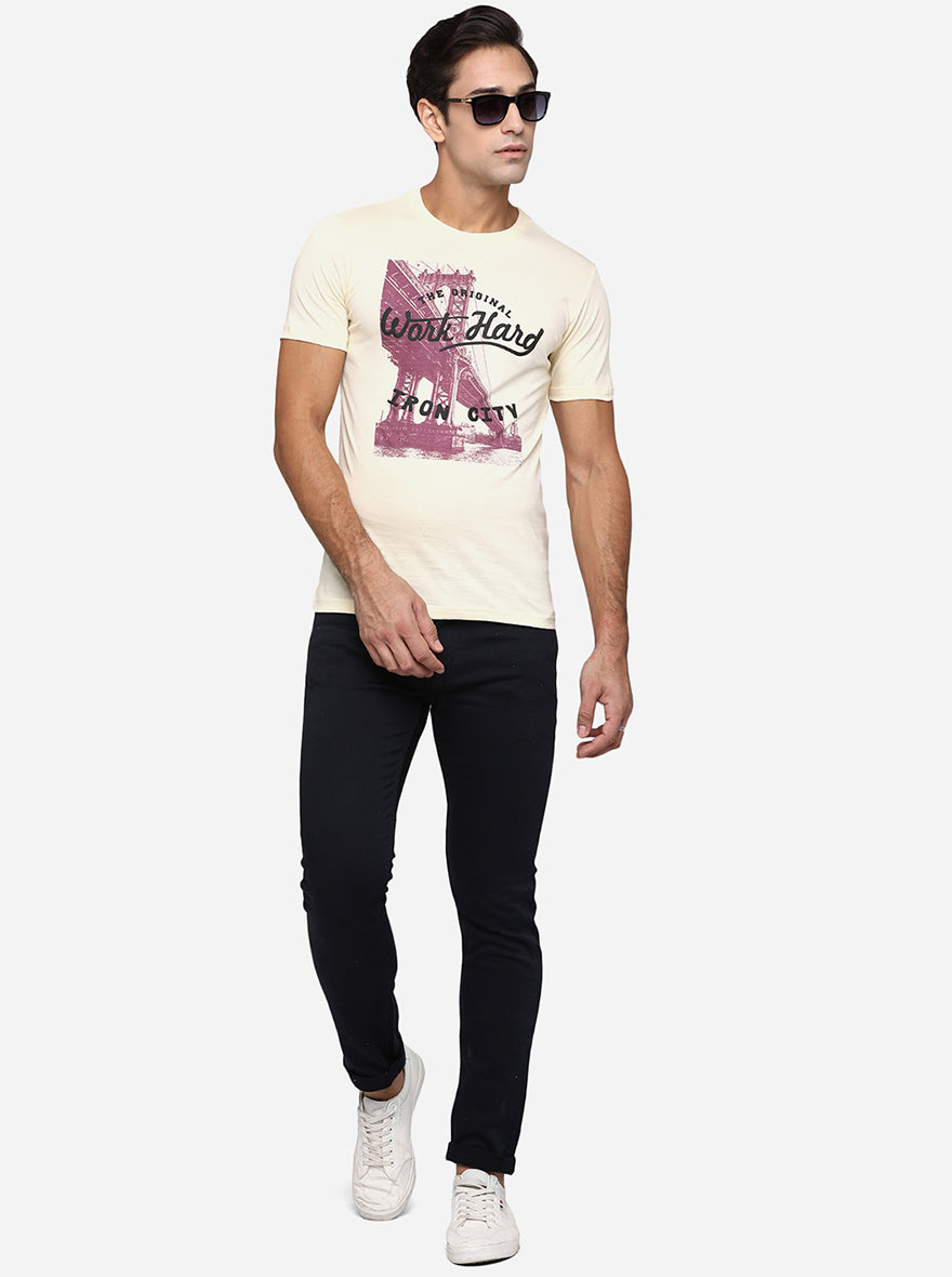 Cream Printed Slim Fit T-Shirt | pehervi