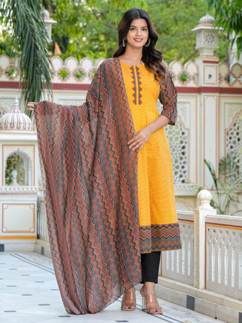 FASHION PLUS STORE Women's Cotton Geometric Print Anarkali Kurta (Mustard) & Dupatta