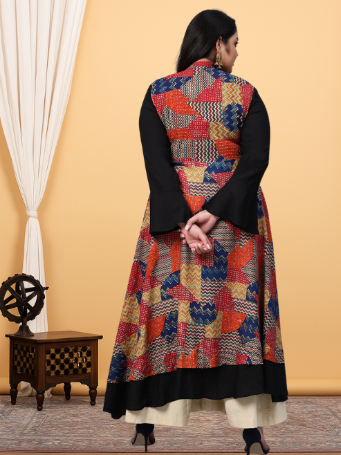 Rayon Geometric Print Embroidered Anarkali Kurta