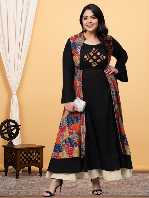 Rayon Geometric Print Embroidered Anarkali Kurta