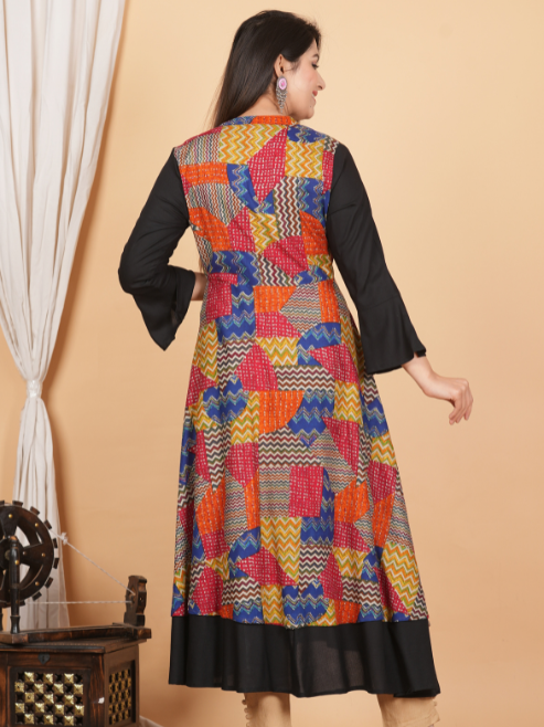 Rayon Geometric Print Embroidered Anarkali Kurta