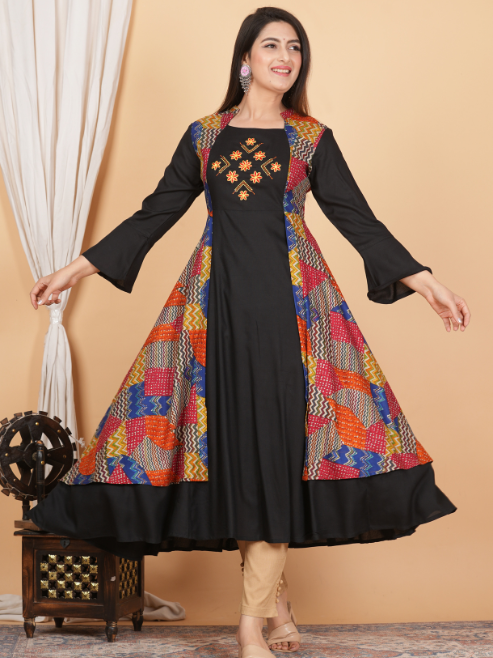 Rayon Geometric Print Embroidered Anarkali Kurta