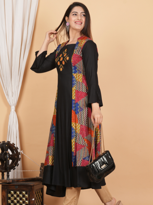 Rayon Geometric Print Embroidered Anarkali Kurta