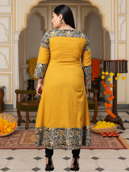 Cotton Blend Kalamkari Print Kaantha Work A-line Kurta
