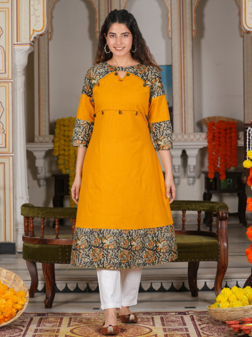 Cotton Blend Kalamkari Print Kaantha Work A-line Kurta