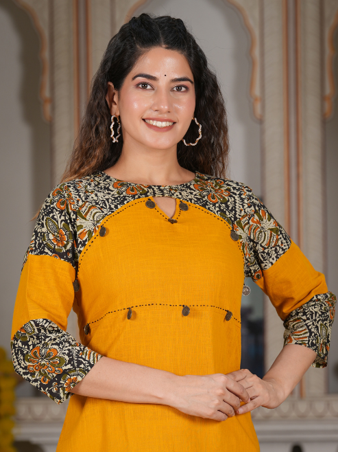 Cotton Blend Kalamkari Print Kaantha Work A-line Kurta