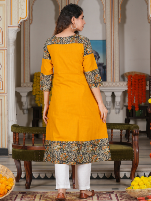 Cotton Blend Kalamkari Print Kaantha Work A-line Kurta
