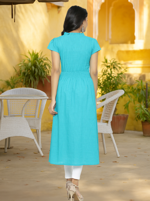 Cotton Slub Embroidery Kurta (Teal)