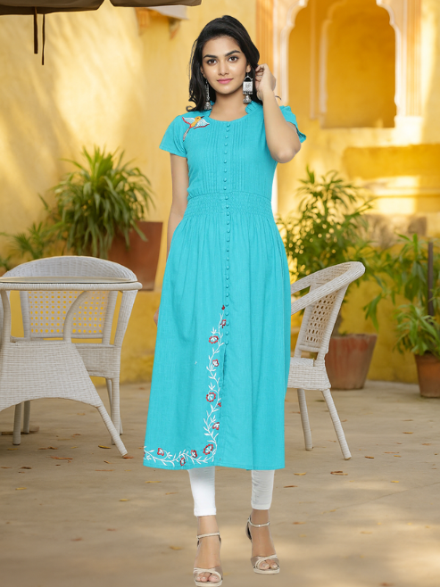 Cotton Slub Embroidery Kurta (Teal)