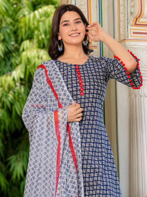 Cambric Cotton Printed Mirror Work A-Line Kurta & Duptta