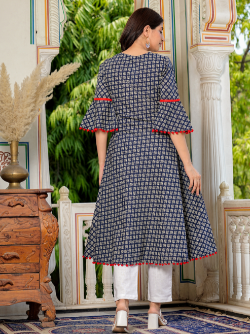 Cambric Cotton Printed Mirror Work A-Line Kurta & Duptta