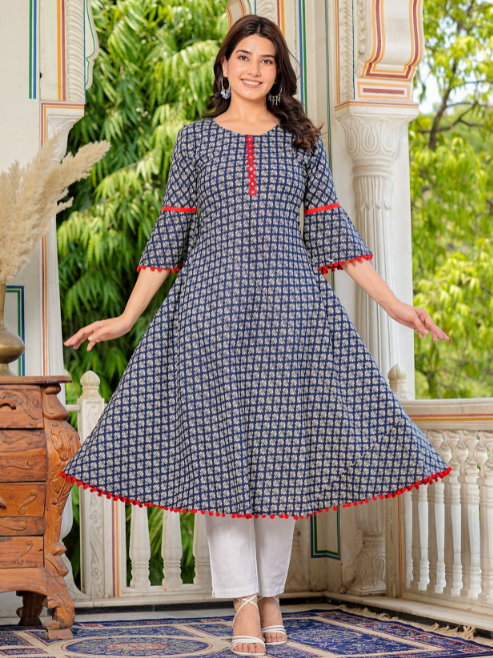 Cambric Cotton Printed Mirror Work A-Line Kurta & Duptta