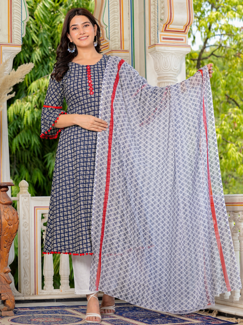 Cambric Cotton Printed Mirror Work A-Line Kurta & Duptta