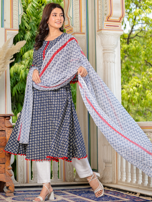 Cambric Cotton Printed Mirror Work A-Line Kurta & Duptta
