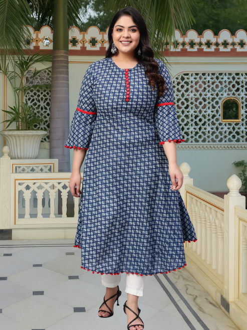 Cambric Cotton Printed Mirror Work A-Line Kurta