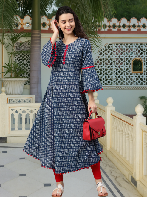 Cambric Cotton Printed Mirror Work A-Line Kurta