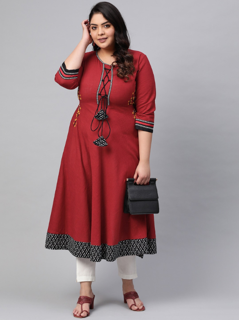 Cotton Slub Embroidered Anarkali Kurta (Maroon)