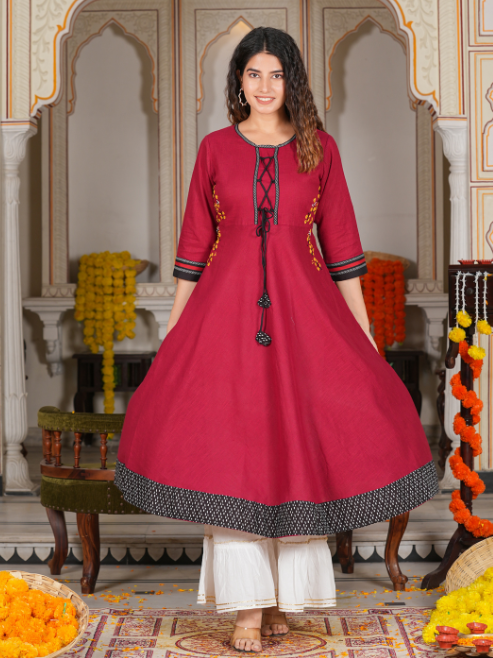 Cotton Slub Embroidered Anarkali Kurta (Maroon)