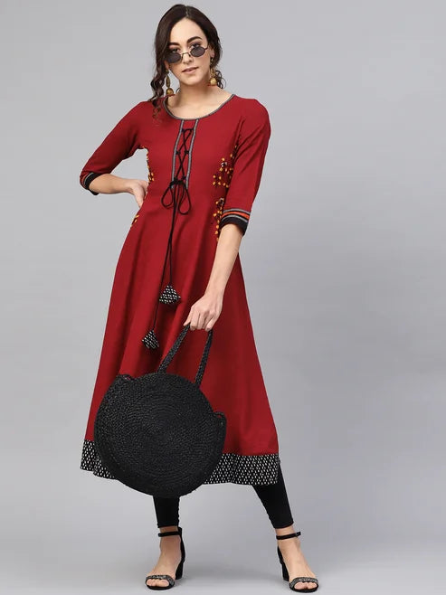 Cotton Slub Embroidered Anarkali Kurta (Maroon)