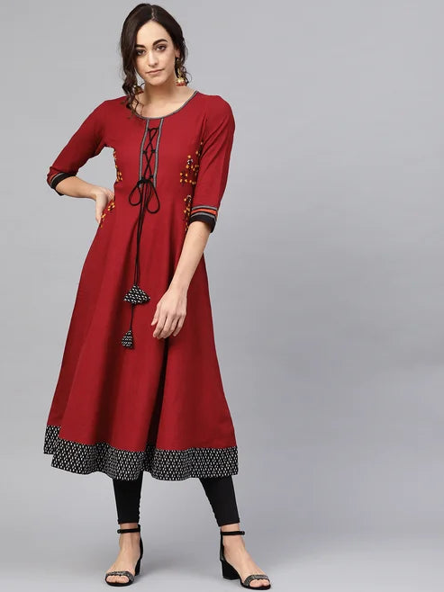 Cotton Slub Embroidered Anarkali Kurta (Maroon)