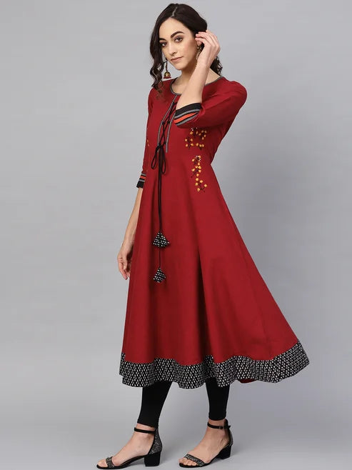 Cotton Slub Embroidered Anarkali Kurta (Maroon)