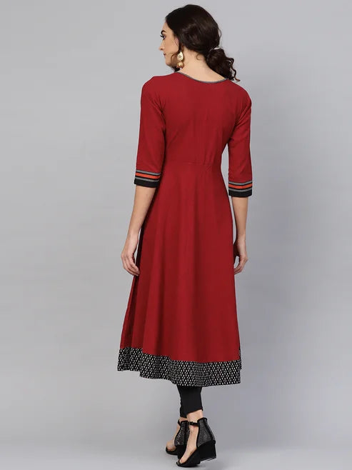 Cotton Slub Embroidered Anarkali Kurta (Maroon)