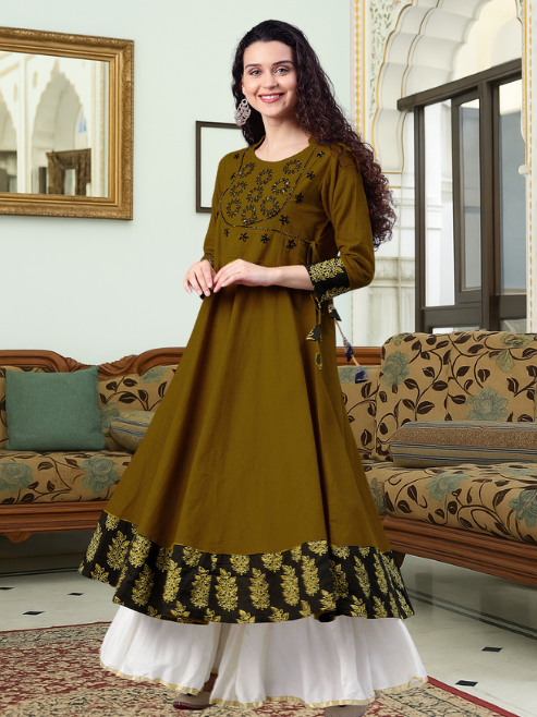 Cotton Slub Sequin Work Angrakha Kurta