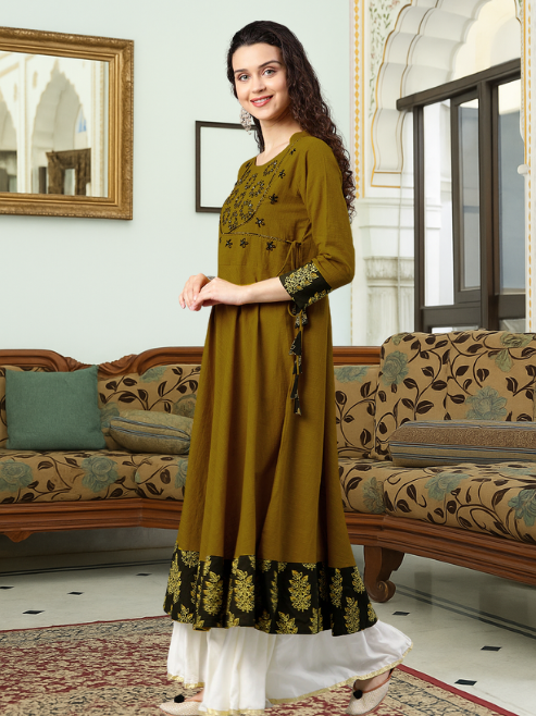 Cotton Slub Sequin Work Angrakha Kurta